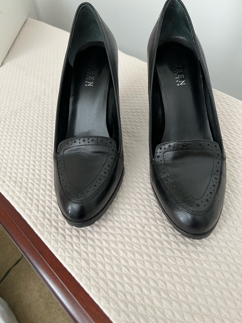 Ralph Lauren women Black Leather Women's Loafers with Brogue Toe